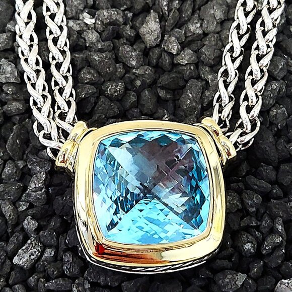 David Yurman 2 Row Wheat, Blue Topaz Neckalce .925 & 18kt  17" - Picture 1 of 6